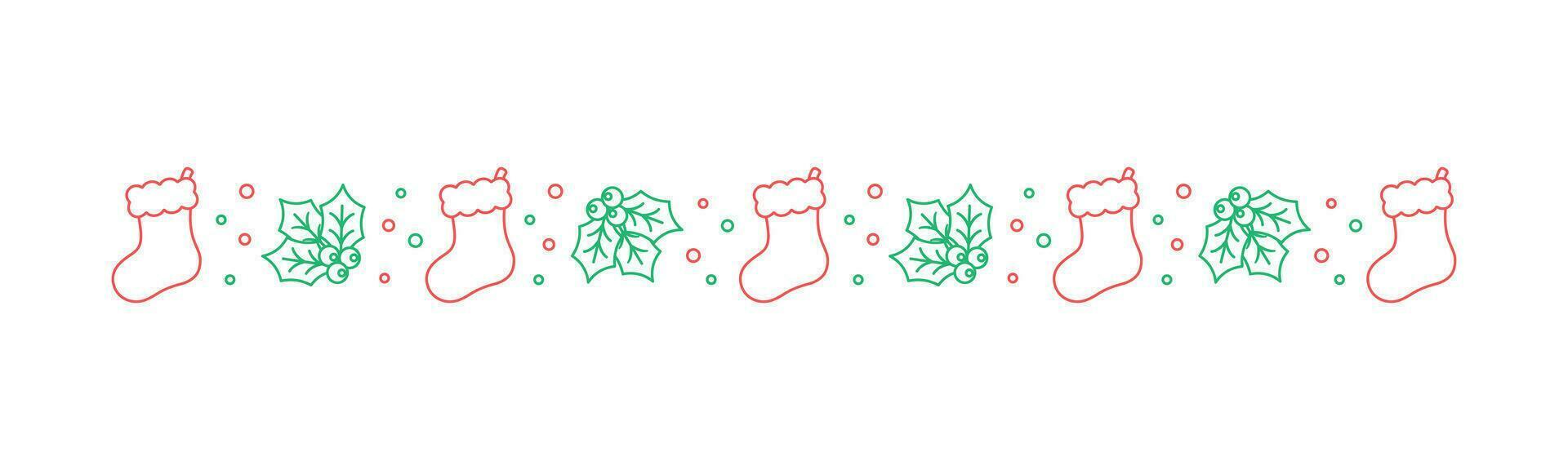 Christmas themed decorative border and text divider, Christmas Stocking and Mistletoe Pattern Line Art Doodle. Vector Illustration.