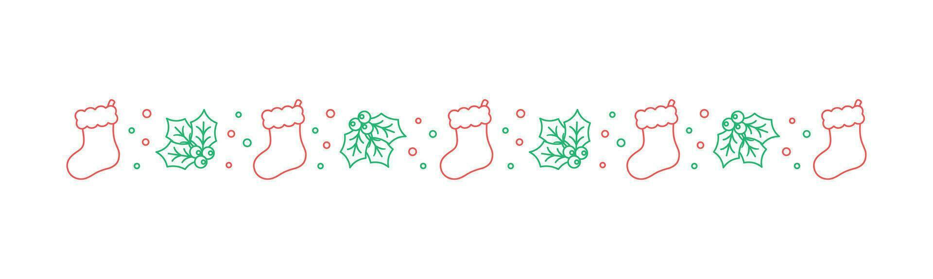 Christmas themed decorative border and text divider, Christmas Stocking and Mistletoe Pattern Line Art Doodle. Vector Illustration.