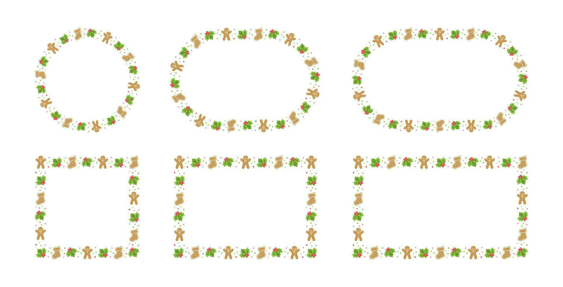 Gingerbread Cookies Frame Border Set, Christmas Winter Holiday Graphics. Homemade sweets pattern, card and social media post template on white background. Vector illustration.