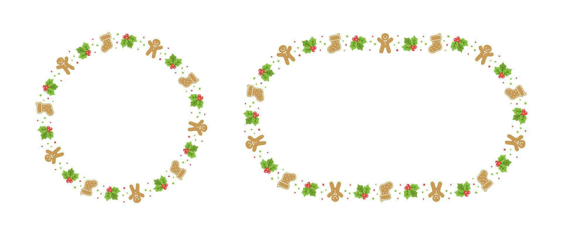 Round Gingerbread Cookies Frame Border Set, Christmas Winter Holiday Graphics. Homemade sweets pattern, card and social media post template on white background. Isolated vector illustration.