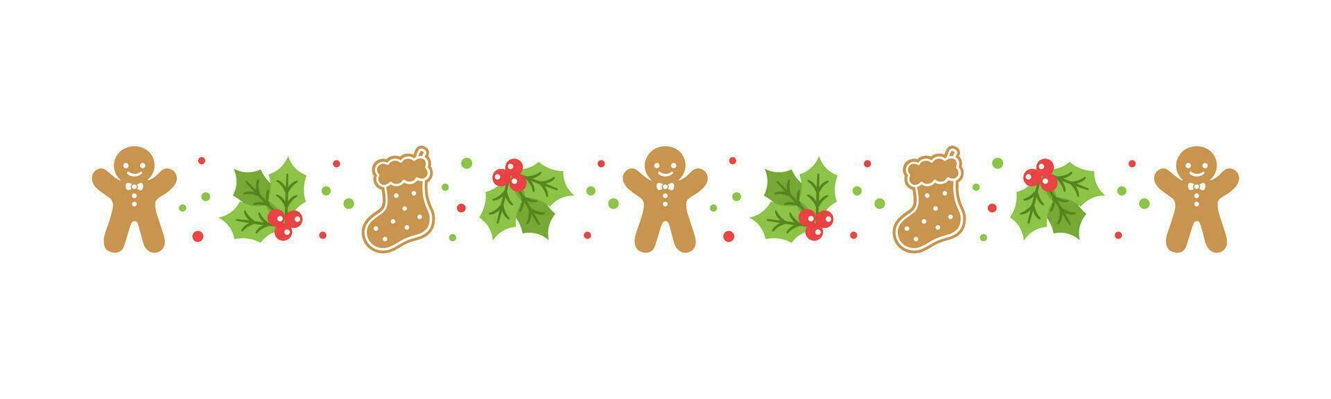 Christmas themed decorative border and text divider, Gingerbread Cookies and Mistletoe Pattern. Vector Illustration.