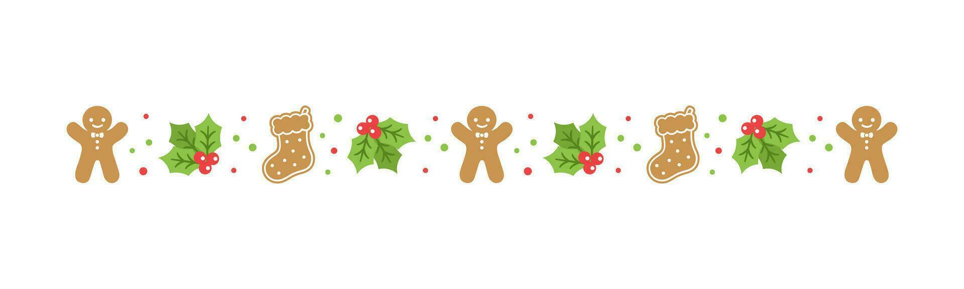 Christmas themed decorative border and text divider, Gingerbread Cookies and Mistletoe Pattern. Vector Illustration.