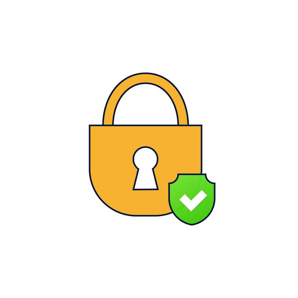 Yellow padlock with green checkmark. Secure and protection web login and encryption of confidential vector information