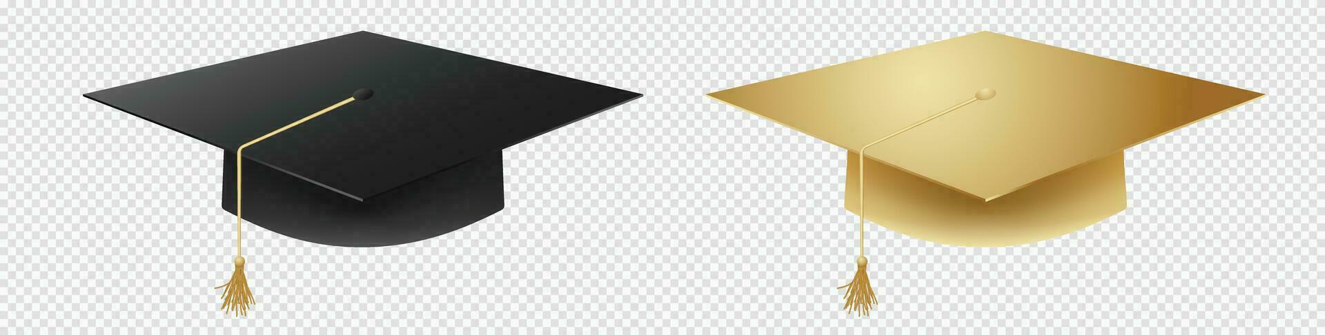 Graduates black and golden 3d cap. Education festive prom headwear for colleges and academies with ceremony awarding scientific vector degrees