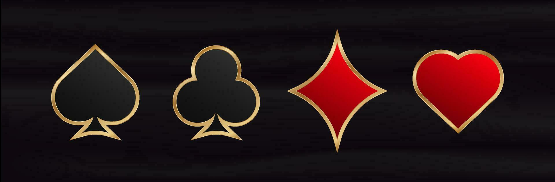 juego tarjeta trajes. juego rojo símbolo de suerte en póker y negro exitoso juego en casino con veintiuna y vector apuestas