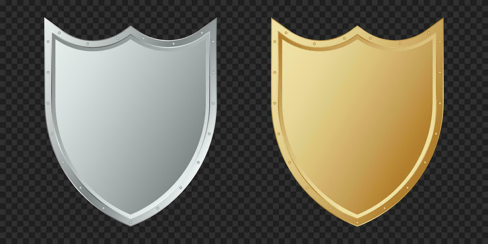 Golden and silver shield set icon. Security metal symbol of safety and reliability for vintage heraldry and vector logo