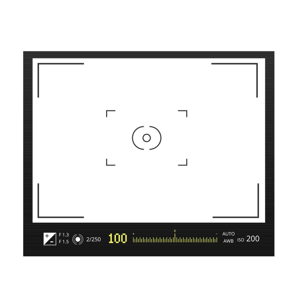 Digital camera with screens of shooting modes template. Black professional gadget with variable geometric setting of vector filming displays.