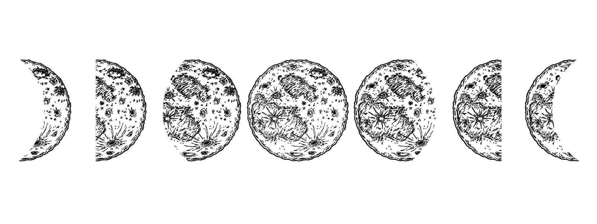 Moon phases set. Hand drawn earth satellite moon. Abstract planet ball. Vector sketch