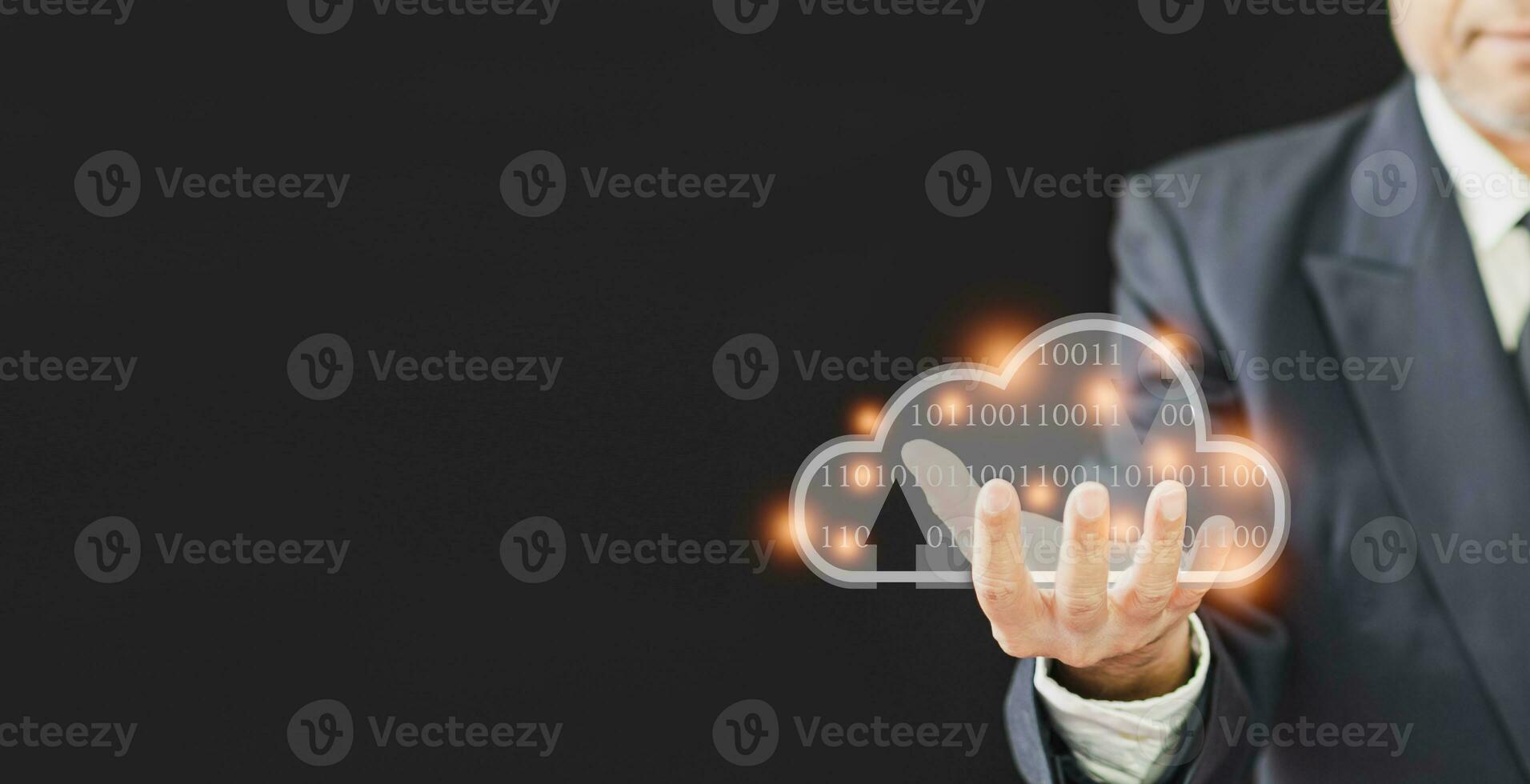 businessman pointing datum digital cloud to connection network for download, upload database business information to storage server, man use technology internet on cyberspace online system for access photo