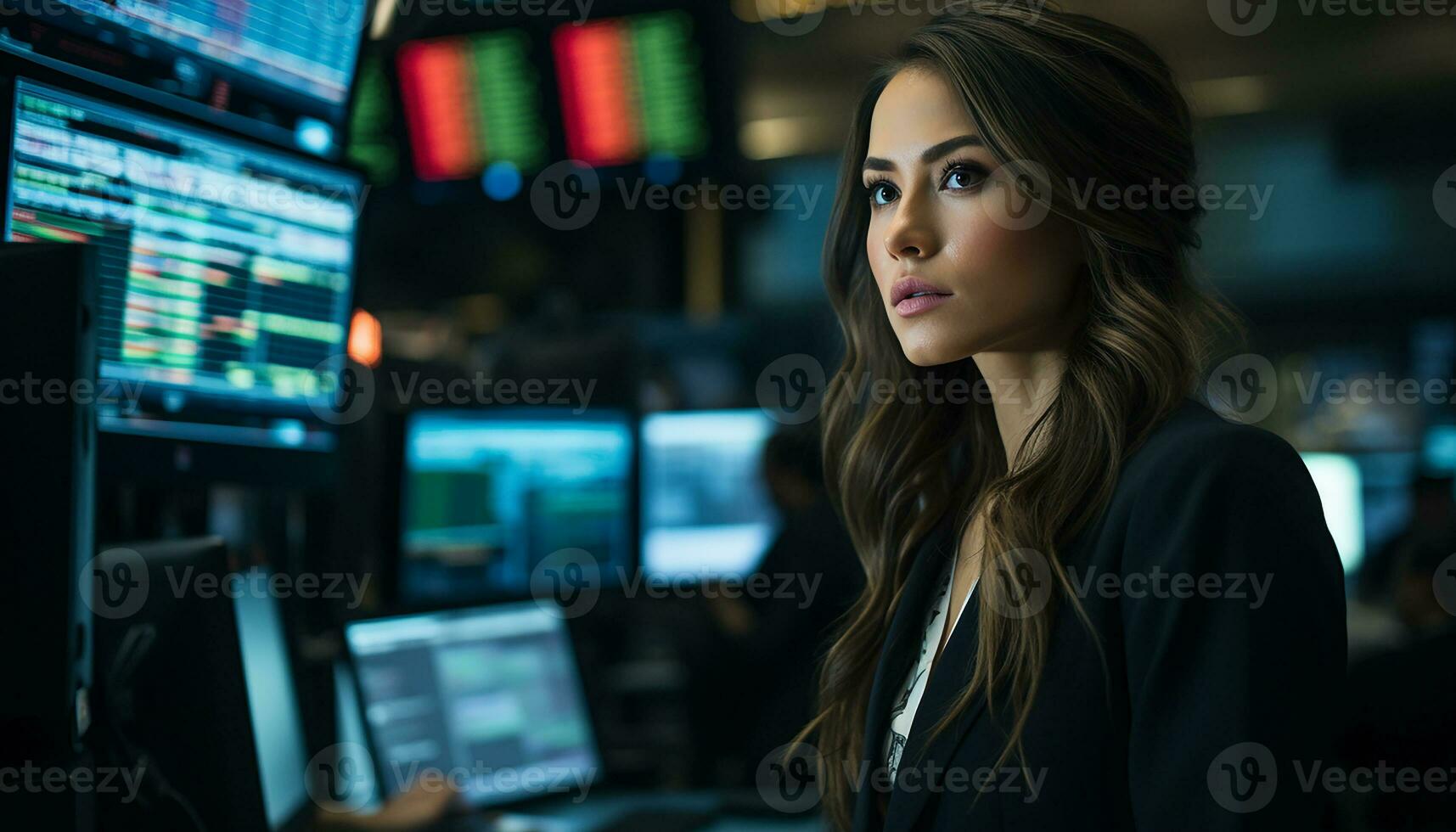 a woman in a business suit and standing on stock market, Generated Ai photo
