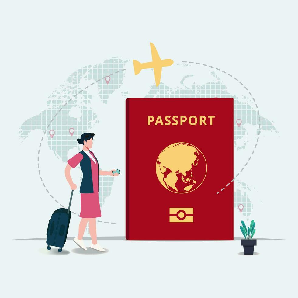 mujer de viaje con pasaporte diseño vector ilustración