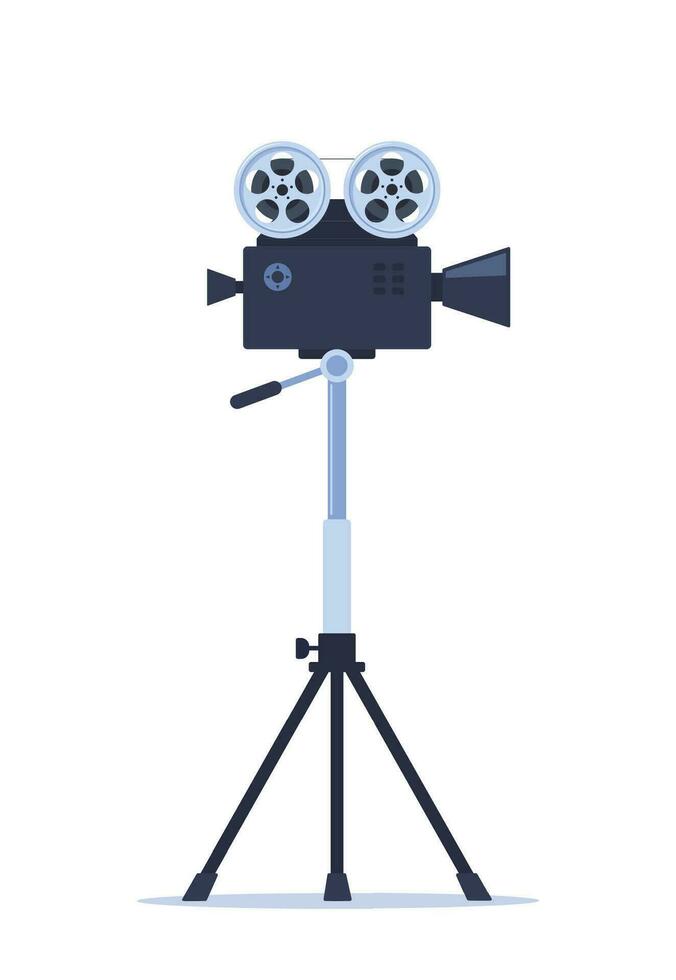 Retro movie projector. Analog device, cinema motion picture film projector with different film reels. Retro film camera. Vector illustration.