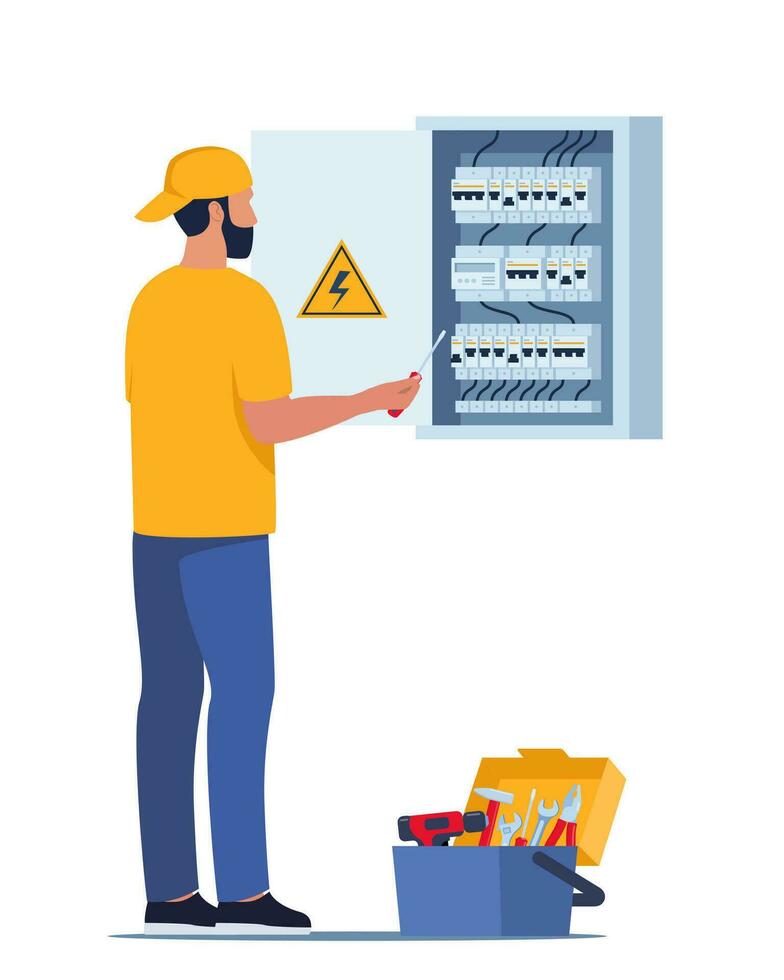 Electrician worker check and repair electrical switchboard. Home Repairman, Electrical Safety Concept. Vector illustration.