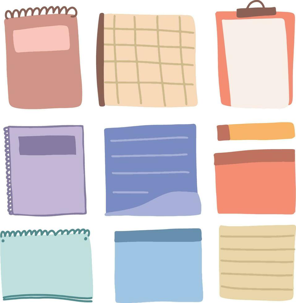 Hand drawn colored notes, notepads and blank sheets, color vector set