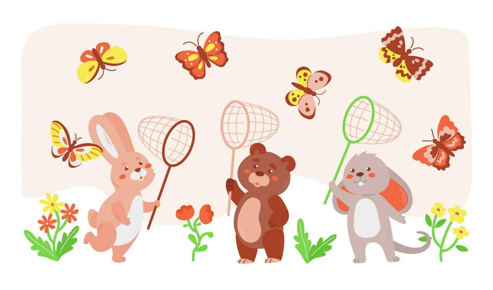 Cute animals catching butterflies with a net in a clearing. vector