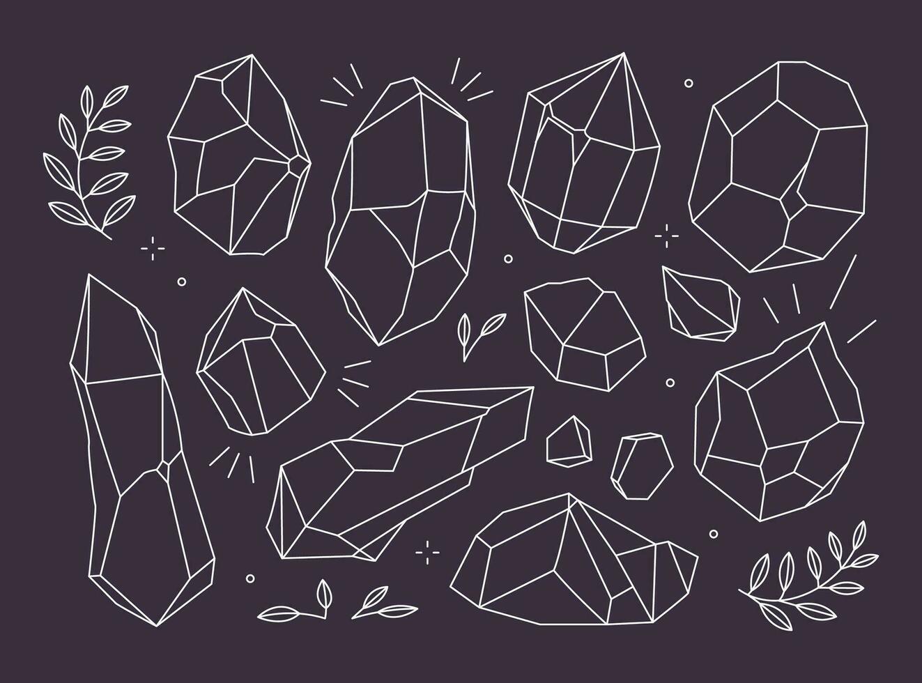 Set of line art polygonal crystals on a dark background. vector