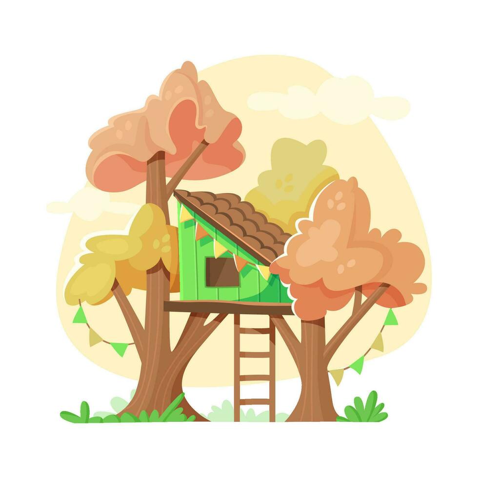 Cute green house on two autumn trees. Playground for children. vector