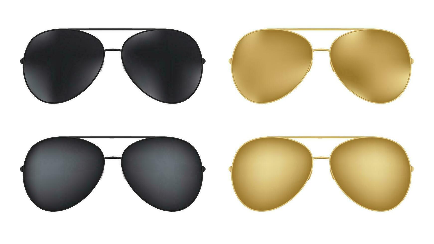 Gold and black sunglasses aviators set. Elegant accessories with stylish trendy lenses for colorful retro design with dark and gray vector glasses