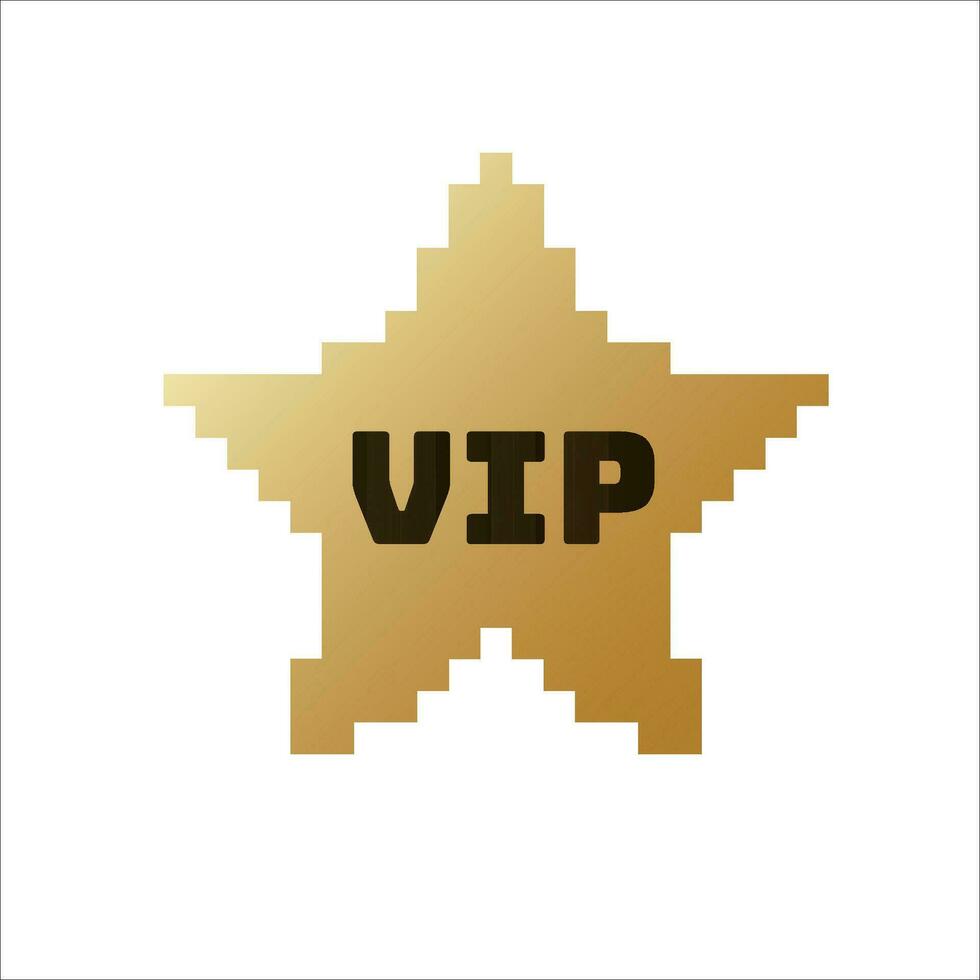 dorado píxel estrella con inscripción VIP. pixelado prima etiqueta para invitación con exclusivo emblema y elegante diseño para famoso y rico vector visitantes