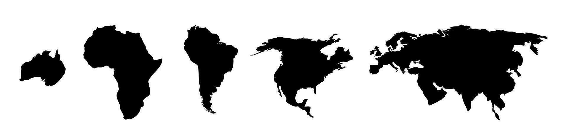 Black continents set. Global abstract cartography atlas for geographical europe study and travel america with creative vector africa topography