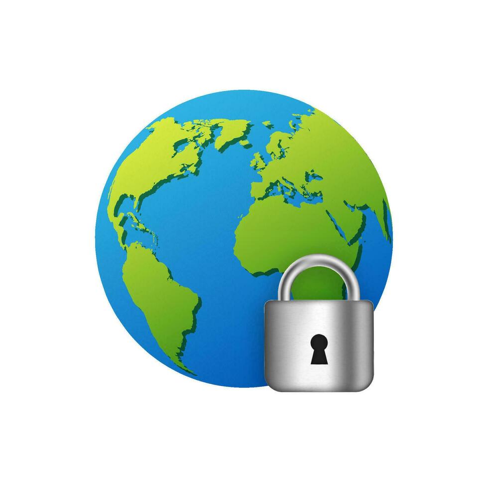 Planet earth with padlock. Safety information global protection technology with cyber privacy system and secure vector password