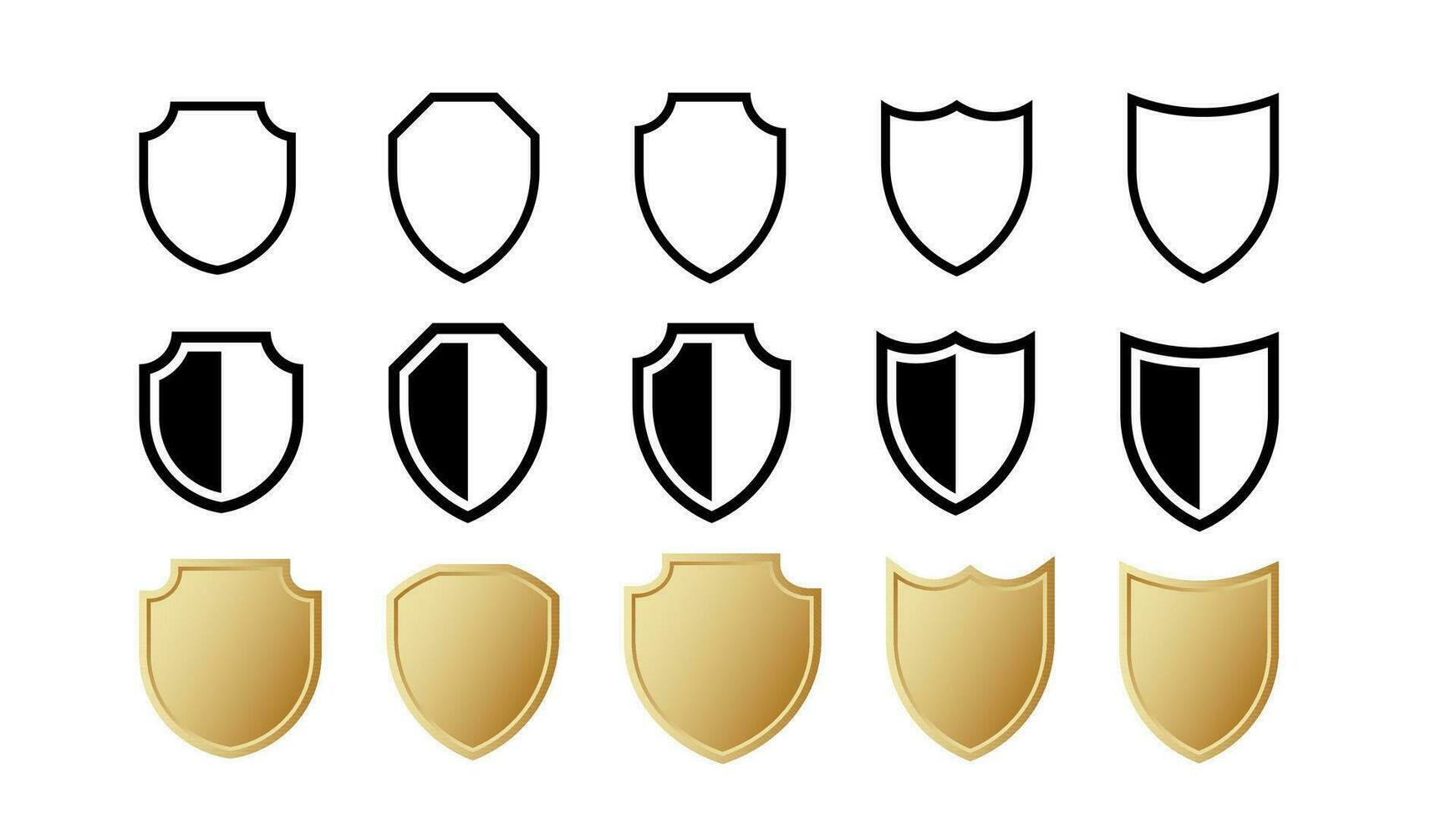 Outline and golden shield set icon. Protection metal symbol of safety and reliability for vintage heraldry and vector decoration