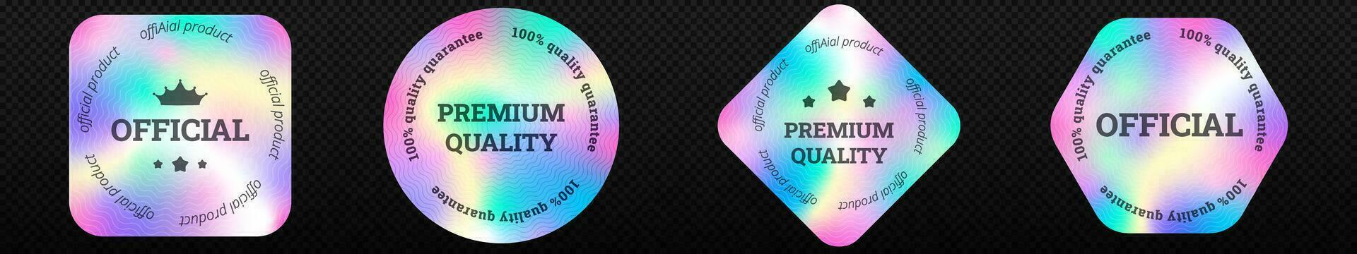 Quality holographic stickers set. Geometric labels for packaging product originality stamps with iridescent vector gradient