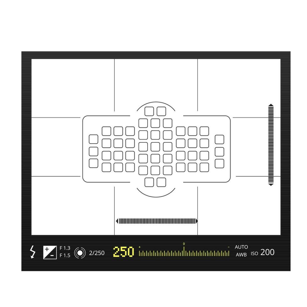 Digital camera with screens of shooting modes template. Black professional gadget with variable geometric setting of vector filming displays.