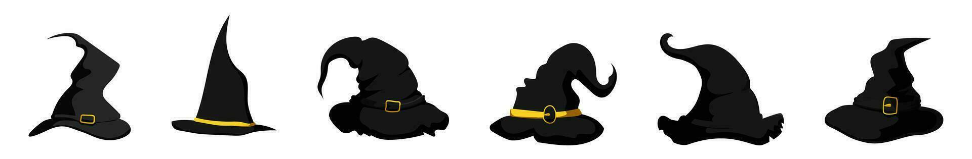 Witch hat set. Halloween magical headdress with witchy and scary holiday atmosphere for elemental vector spells