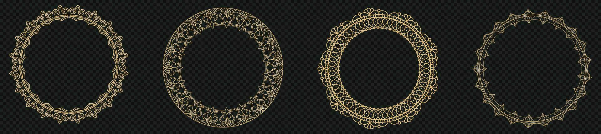 Decorative golden circles frame. Rounded rings with ornate ornament in oriental and arabic style antique disks with patterned vector ornament.