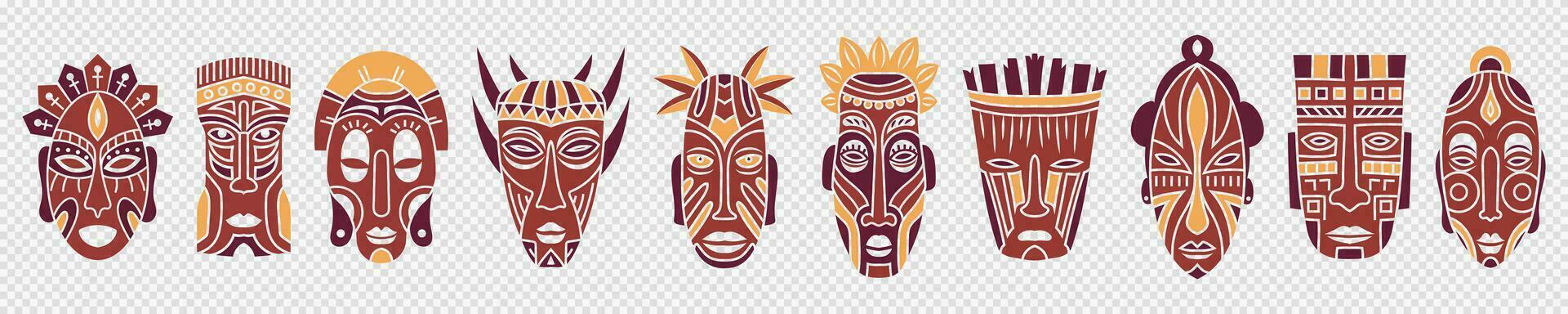 africano ritual tótem mascaras colocar. vudú cabeza de antiguo aborigen deidades para rituales con ornamento de proteccion desde mal efectivo y ceremonial vector bailes