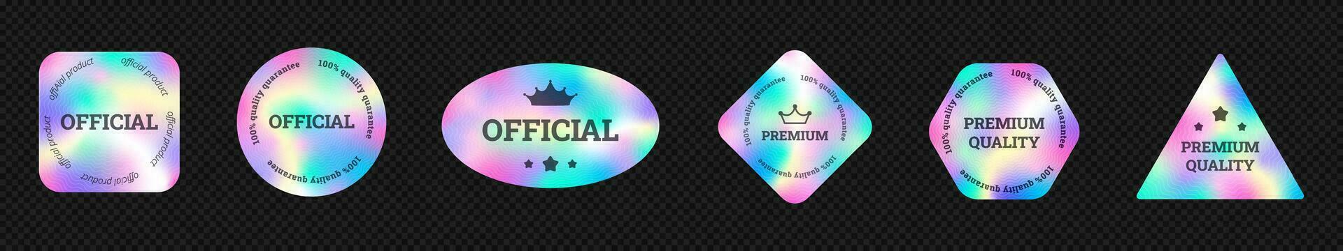 Quality holographic stickers set. Geometric labels for packaging product originality stamps with iridescent vector gradient