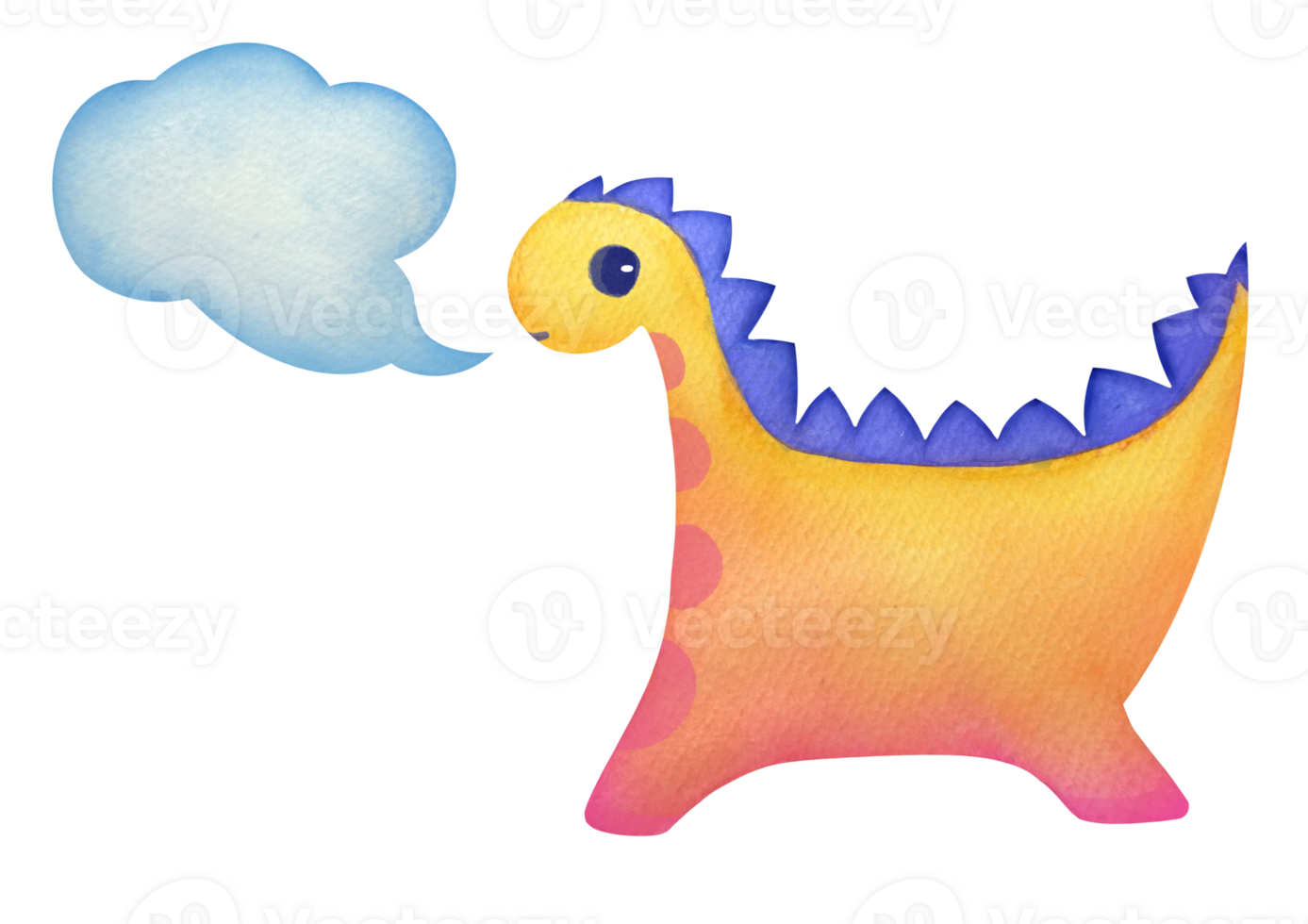 cut out talking dinosaur in watercolor style, dialog cloud with empty copy space. Clipart speech bubbles with stains and children's cute character. dialogue, thoughts, idea on transparent background png