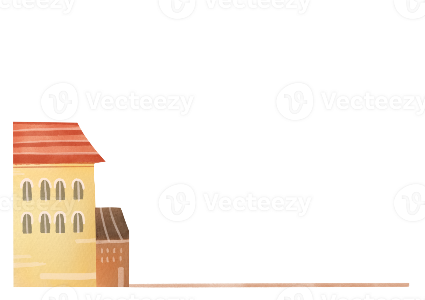 seaside European stone houses. small watercolor illustration in corner of page isolated on transparent background. Layout for postcards and invitations with copy space, mockup border frame png