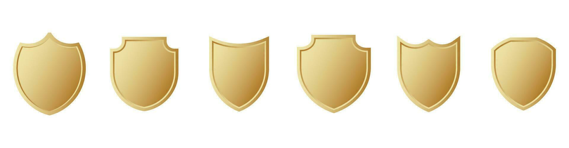 Golden blank shield set icon. Luxury metal symbol of safety and reliability for vintage heraldry and vector logo