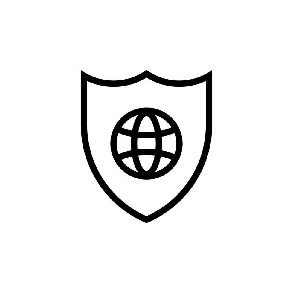 Black shield with planet icon. Global protection with secure communication and business transactions of financial vector flows