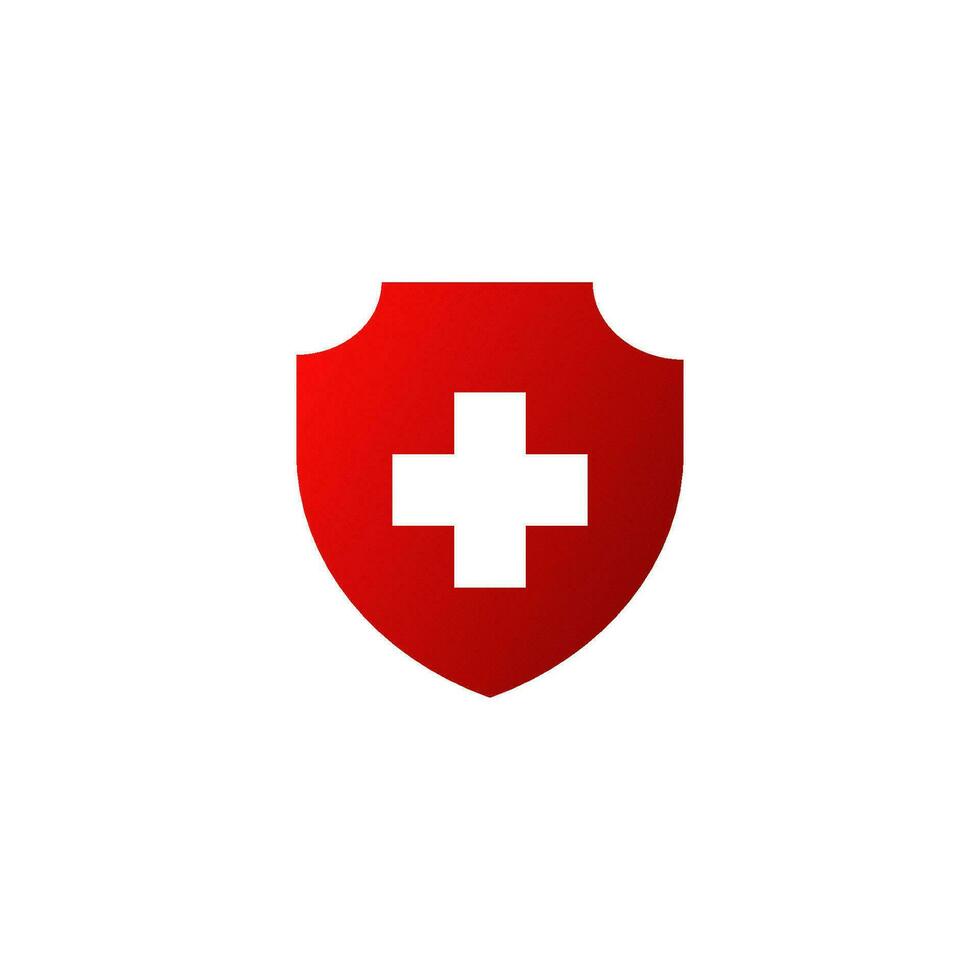 Red shield with cross icon. Providing first aid to patients and their protection symbol and development of vector medical