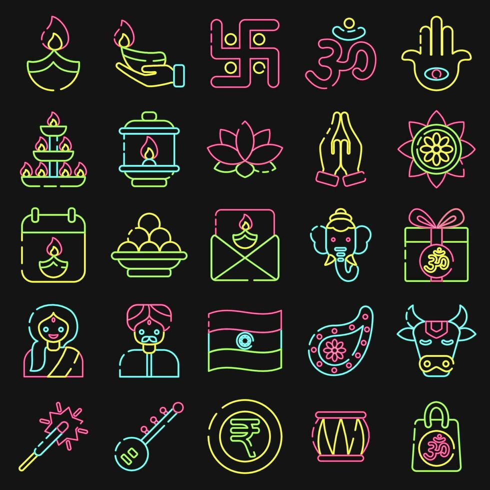 Icon set of diwali. Diwali celebration elements. Icons in neon style. Good for prints, posters, logo, decoration, infographics, etc. vector