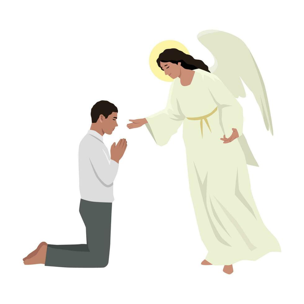 Character of man, kneeling down holding hands praying and making worship, religious concept. vector