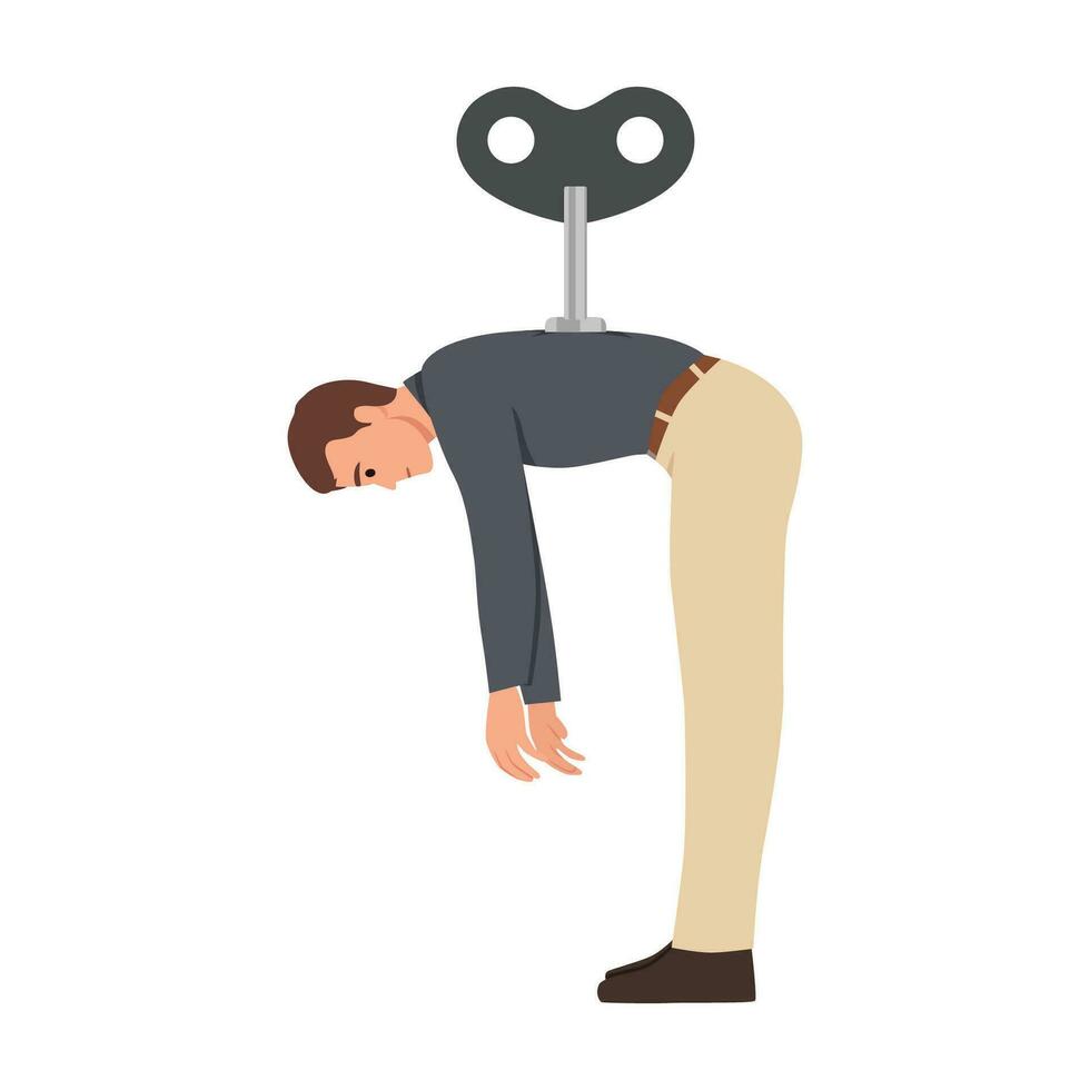 Businessman with a key winder on his back sleeping. Turned off. vector