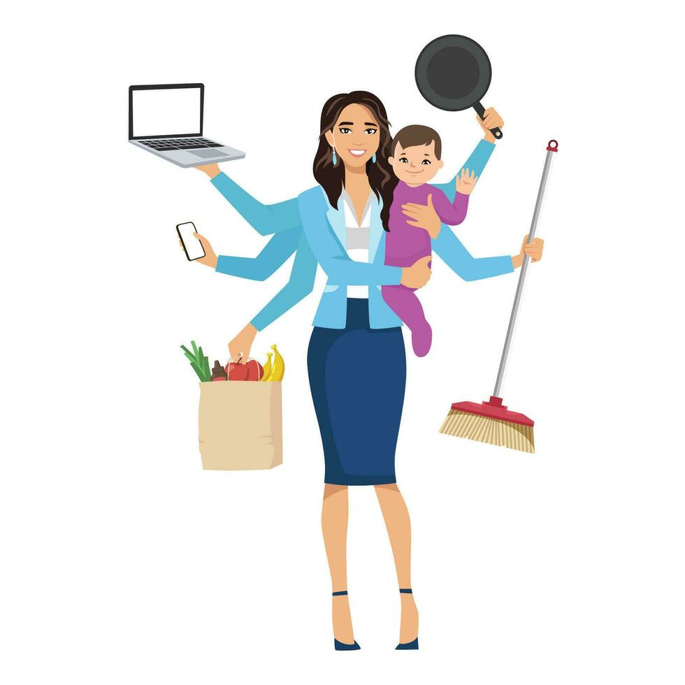 Tarea múltiple mujer. madre, mujer de negocios con niño, laboral, chirriar y vocación. vector