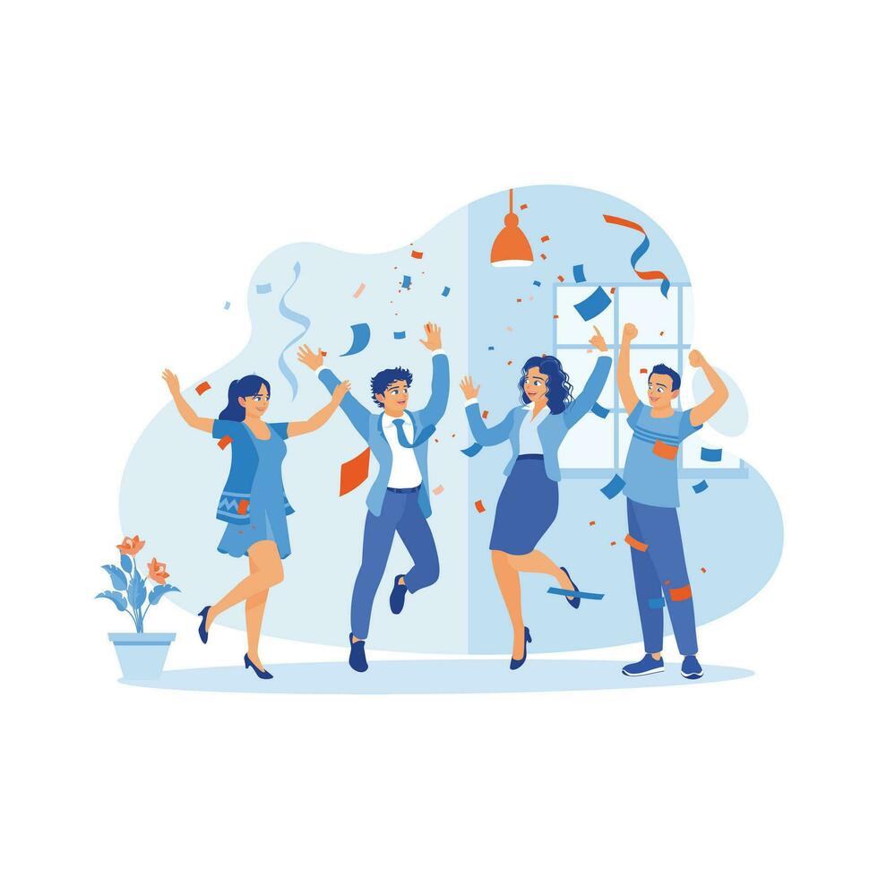 A group of happy young people celebrate the birthday of one of their colleagues. They stood up and threw confetti inside the house. Celebration concept. trend modern vector flat illustration