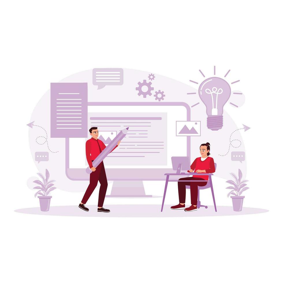 Men seek interesting content information to create new chapters for bestselling books. Content Writer concept.  trend modern vector flat illustration