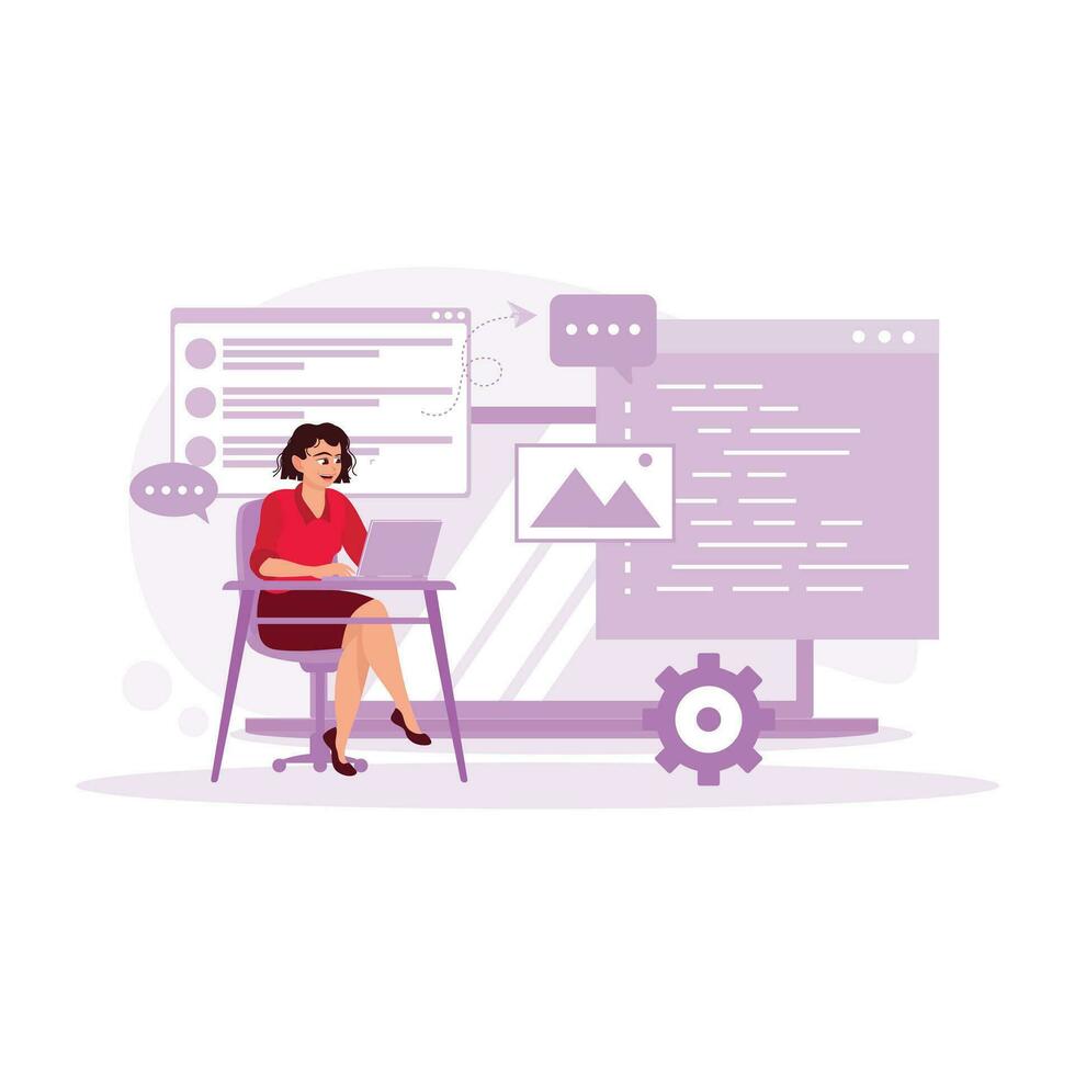 A young woman searching and recording important information on the laptop. Content Writer concept. trend modern vector flat illustration