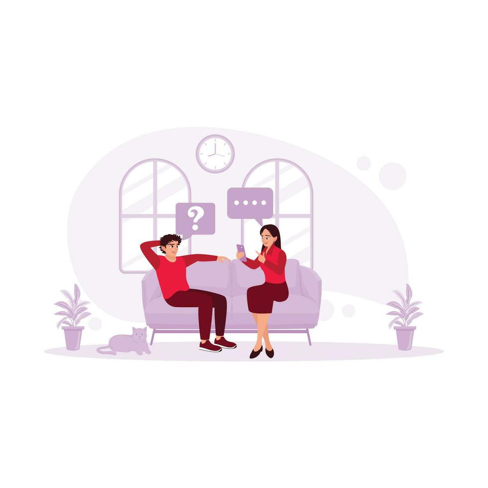 A young married couple sits on the sofa, talking while playing on their cell phone. Virtual Relationships concept. Trend Modern vector flat illustration
