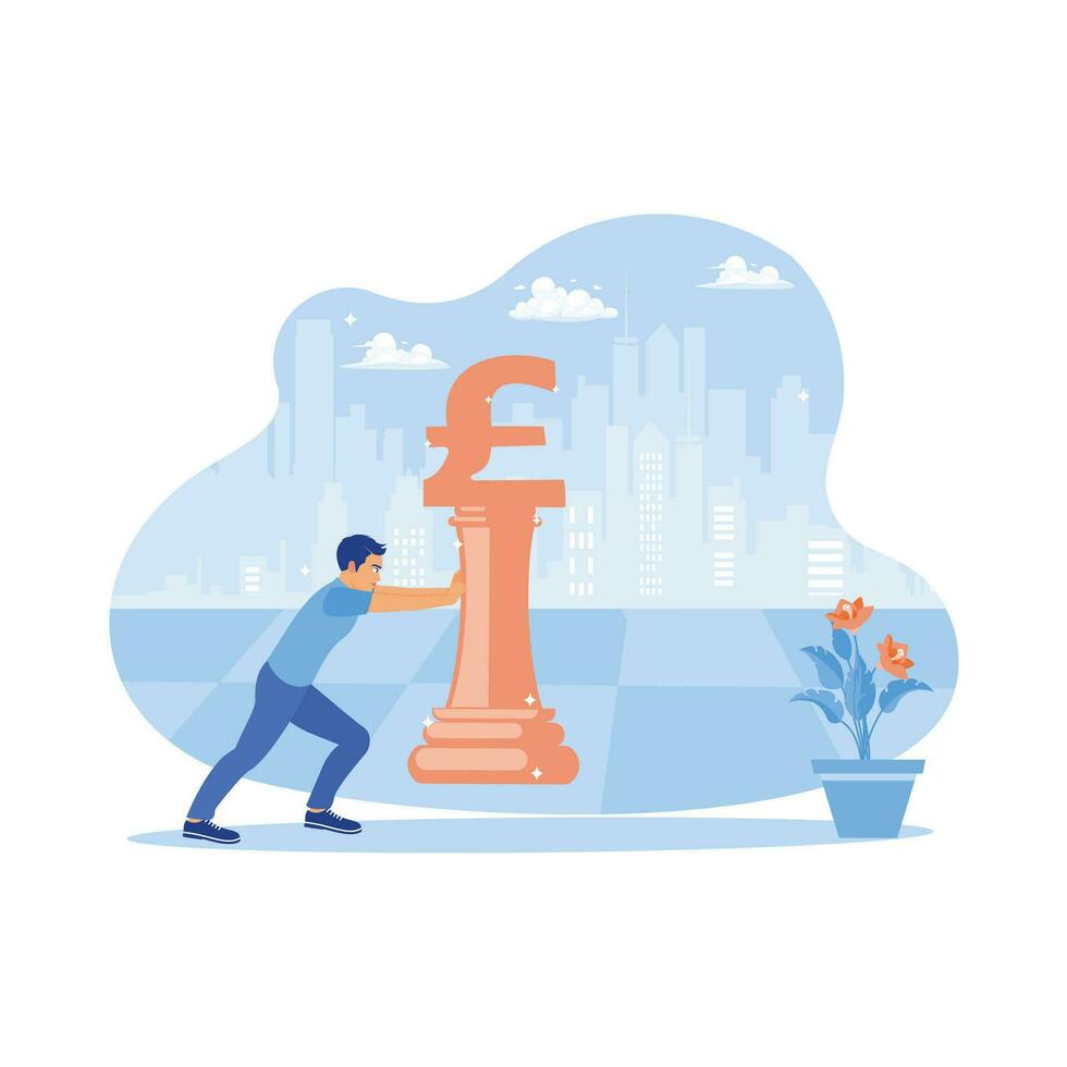 Adult man pushing money pound symbol on chess board. Urban landscape background with multi-story buildings. Finance control scenes concept. trend modern vector flat illustration
