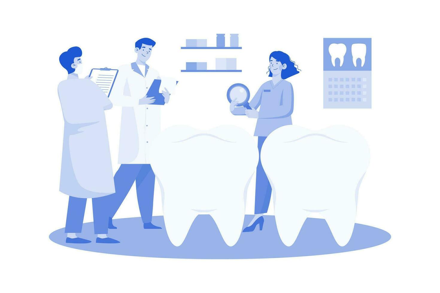 los dentistas discuten técnicas dentales en la clínica. vector