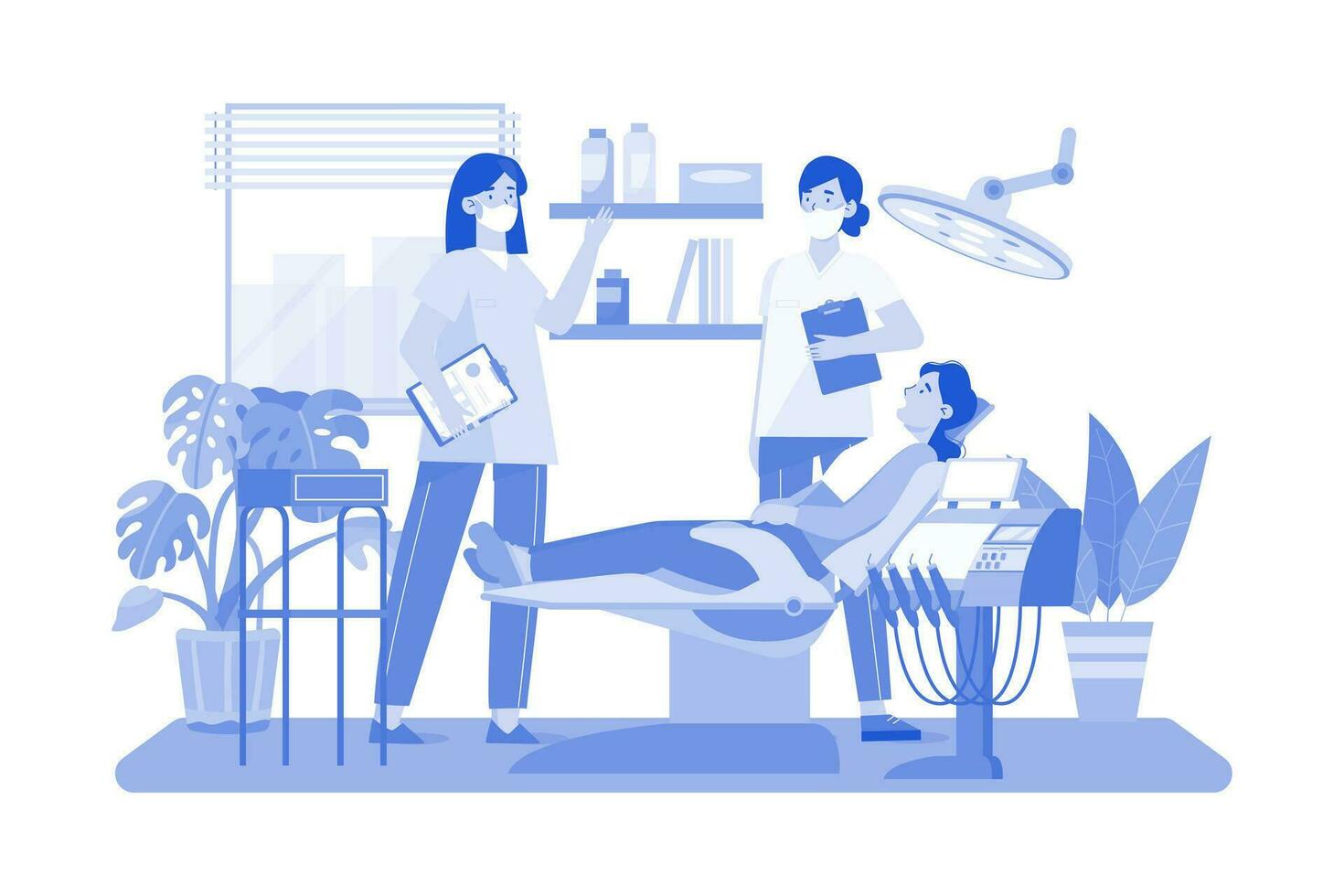 Dentist Checking Patient's Teeth Sitting With Open Mouth. vector