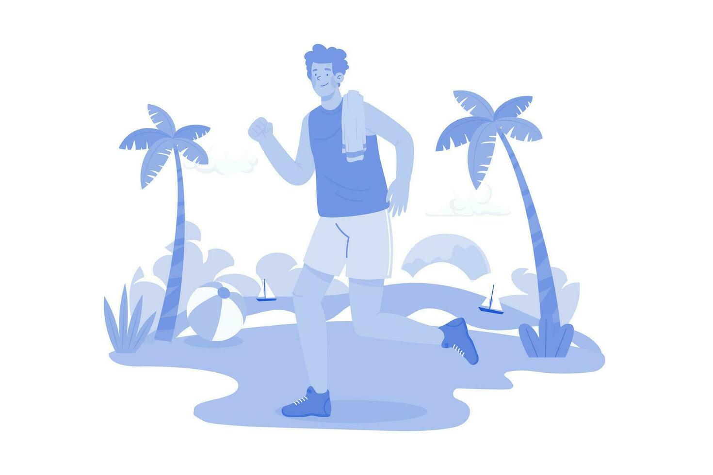 hombre fuerte trotando en una playa cerca del océano vector