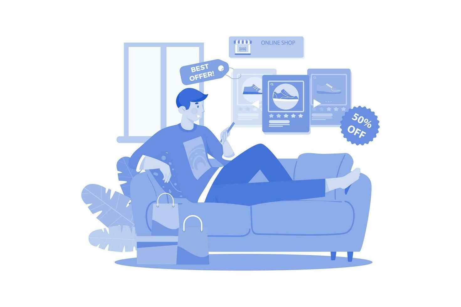 Man Shopping Online On Commerce Flat form At Home. vector